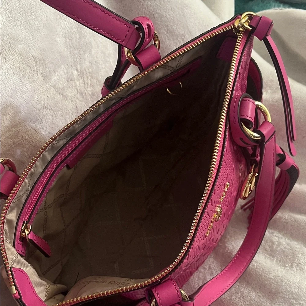 Michael Kors Hot Pink Embossed Leather Tote with Tassel Charm - Picture 3 of 4